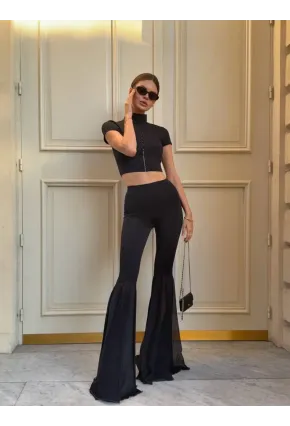 Likralı Modal Kumaş Crop Bluz Pantalon Takım Siyah
