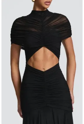 Likralı Tül Kumaş Astarlı Drape Detay Maxi Boy Elbise