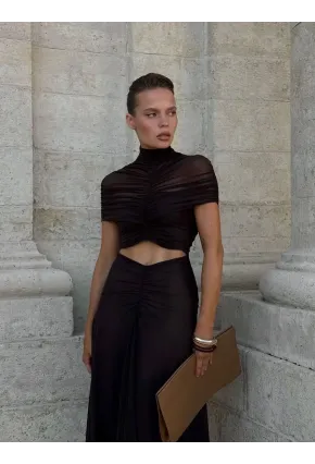 Likralı Tül Kumaş Astarlı Drape Detay Maxi Boy Elbise