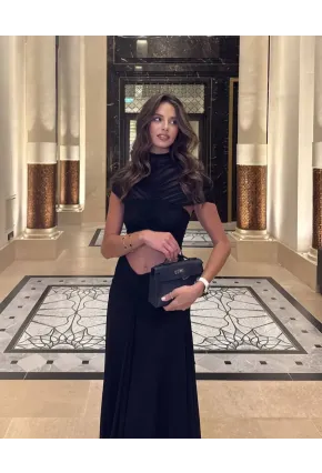 Likralı Tül Kumaş Astarlı Drape Detay Maxi Boy Elbise