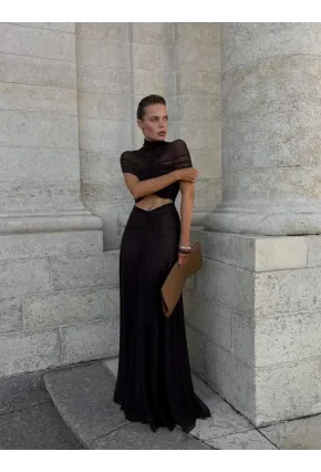 Likralı Tül Kumaş Astarlı Drape Detay Maxi Boy Elbise