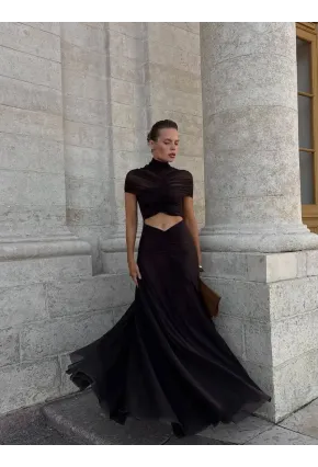 Likralı Tül Kumaş Astarlı Drape Detay Maxi Boy Elbise