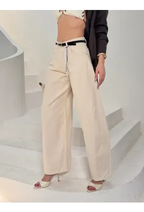 Likrasız Kemerli Balon Jean Pantalon