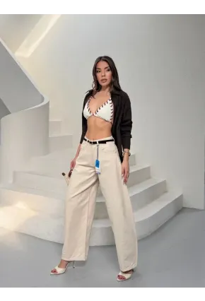 Likrasız Kemerli Balon Jean Pantalon