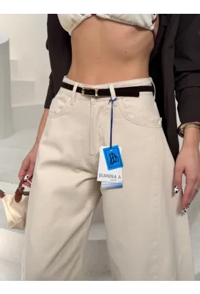 Likrasız Kemerli Balon Jean Pantalon