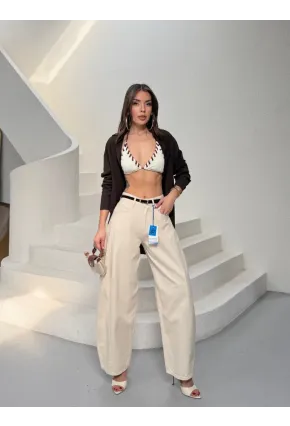 Likrasız Kemerli Balon Jean Pantalon