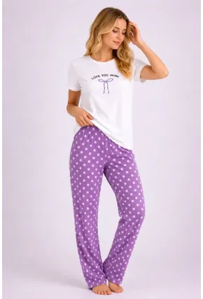 Love You More Baskılı Lila Puantiyeli Pijama Takımı