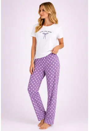Love You More Baskılı Lila Puantiyeli Pijama Takımı