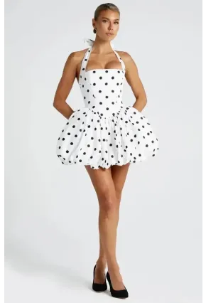 Modal Kumaş Astarlı Gipe Detay Puantiye Baskılı Mini Balon Elbise