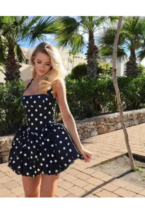 Modal Kumaş Astarlı Gipe Detay Puantiye Baskılı Mini Balon Elbise Siyah