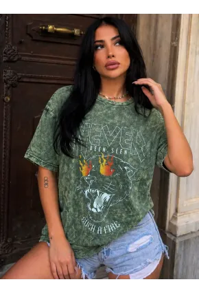 Never Print Yıkamalı Oversize T-Shirt – Vintage Yeşil Panter Baskılı