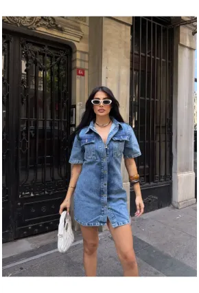 Önü Düğmeli Cepli Mavi Jean Elbise