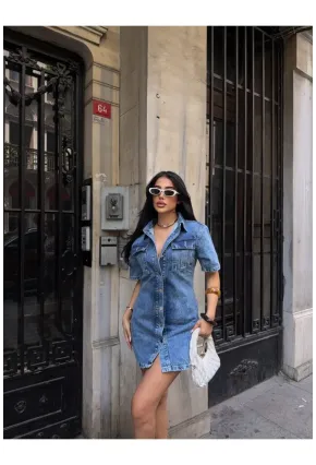 Önü Düğmeli Cepli Mavi Jean Elbise