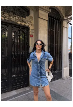 Önü Düğmeli Cepli Mavi Jean Elbise