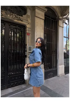 Önü Düğmeli Cepli Mavi Jean Elbise