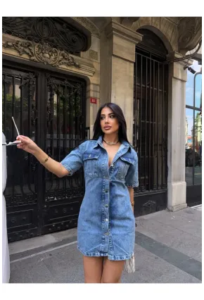 Önü Düğmeli Cepli Mavi Jean Elbise
