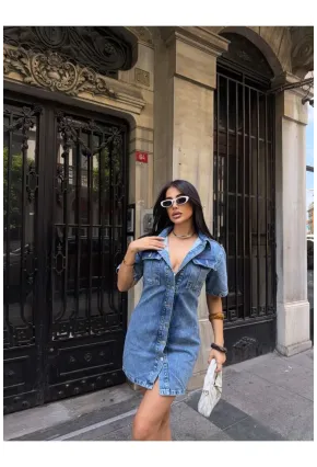 Önü Düğmeli Cepli Mavi Jean Elbise