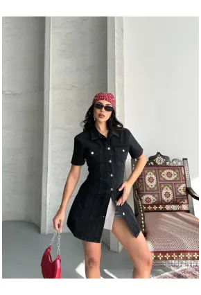 Önü Düğmeli Cepli Siyah Jean Elbise