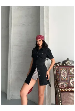 Önü Düğmeli Cepli Siyah Jean Elbise