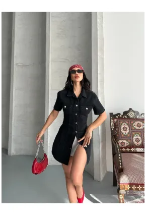 Önü Düğmeli Cepli Siyah Jean Elbise