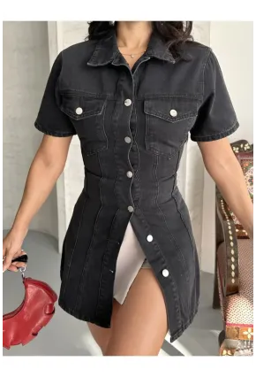 Önü Düğmeli Cepli Siyah Jean Elbise