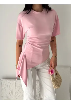 Pembe Asimetrik Drapeli Modern Basic Bluz