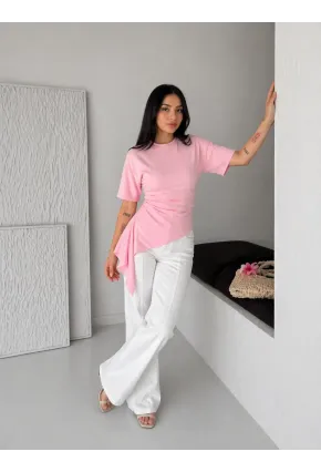 Pembe Asimetrik Drapeli Modern Basic Bluz