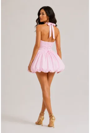 Pembe Balon Etek Halter Yaka Mini Elbise