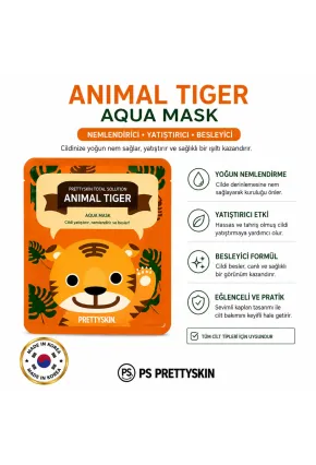 PS PRETTYSKIN Animal Tiger Aqua Mask 25gr | Nemlendirici Kaplan Desenli Kağıt Yüz Maskesi 4lü Set
