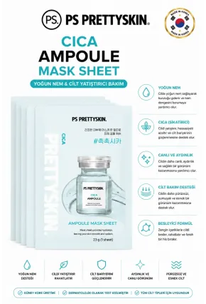 PS PRETTYSKIN Cica Ampoule Mask Sheet 23g | Cilt Yatıştırıcı Nemlendirici Kağıt Yüz Maskesi 5li Set