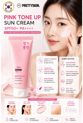 PS PRETTYSKIN Pink Tone Up Sun Cream SPF50+ PA++++ Kore Güneş Kremi Cilt Tonu Eşitleyici Aydınlatıcı 50 ml
