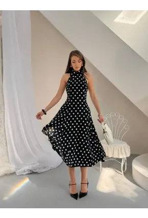 Puantiye Desen Sırt Detay Midi Boy Elbise Siyah