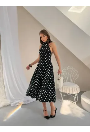 Puantiye Desen Sırt Detay Midi Boy Elbise Siyah