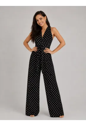 Puantiyeli Halter Yaka Kuşaklı Bol Paça Kadın Tulum