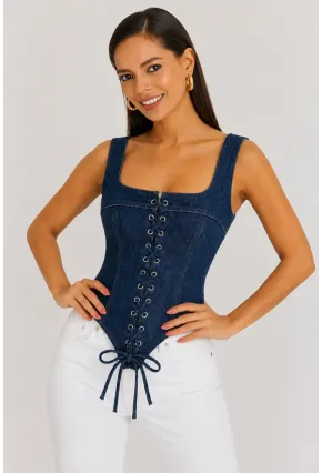 Retro Denim Bağcıklı Korse – Lacivert