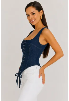 Retro Denim Bağcıklı Korse – Lacivert
