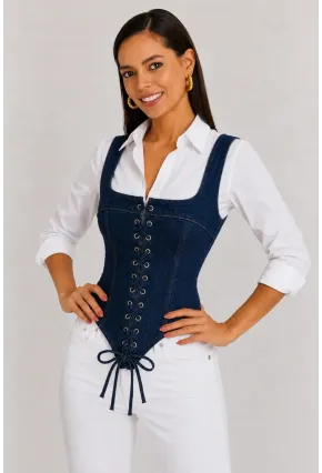 Retro Denim Bağcıklı Korse – Lacivert