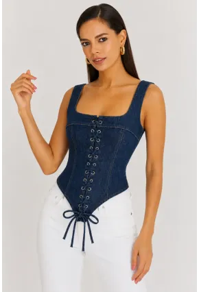 Retro Denim Bağcıklı Korse – Lacivert