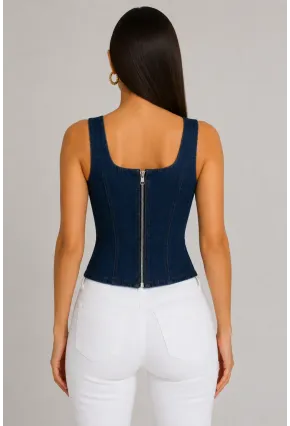 Retro Denim Bağcıklı Korse – Lacivert