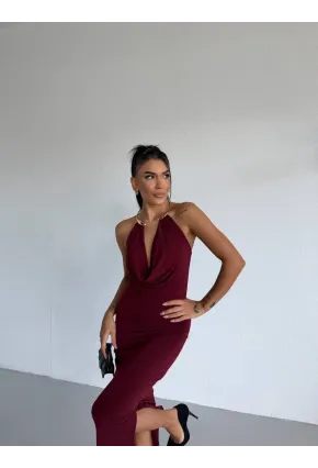 Sandy Kumaş Yaka Detay Elbise Bordo