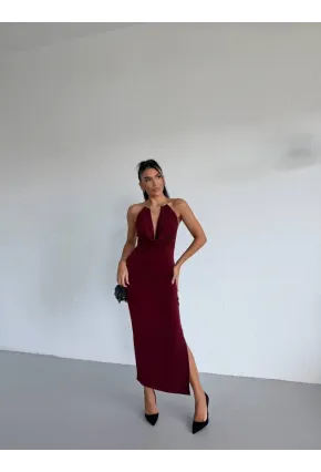 Sandy Kumaş Yaka Detay Elbise Bordo
