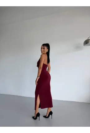 Sandy Kumaş Yaka Detay Elbise Bordo