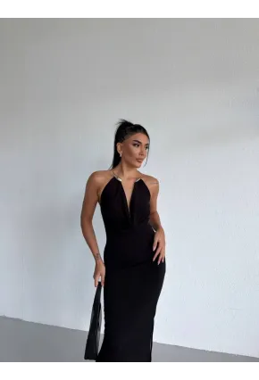 Sandy Kumaş Yaka Detay Elbise Siyah