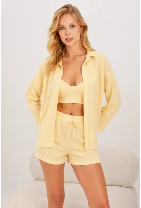 Sarı 3lü Bralı Çizgili Örme Pijama Takımı