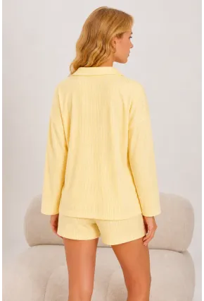 Sarı 3lü Bralı Çizgili Örme Pijama Takımı
