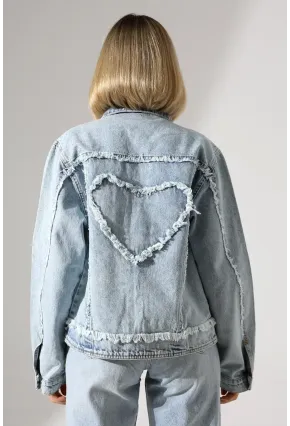 Sırtı Kalp Detaylı Oversize Denim Ceket