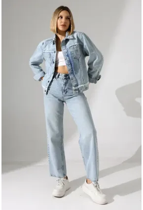 Sırtı Kalp Detaylı Oversize Denim Ceket