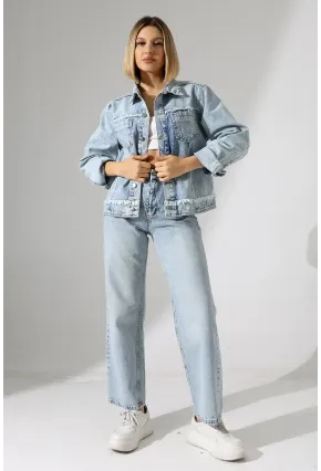 Sırtı Kalp Detaylı Oversize Denim Ceket