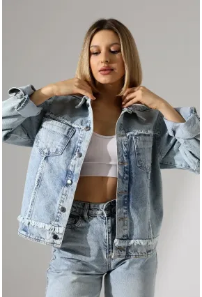 Sırtı Kalp Detaylı Oversize Denim Ceket
