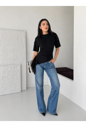 Siyah Asimetrik Drapeli Modern Basic Bluz